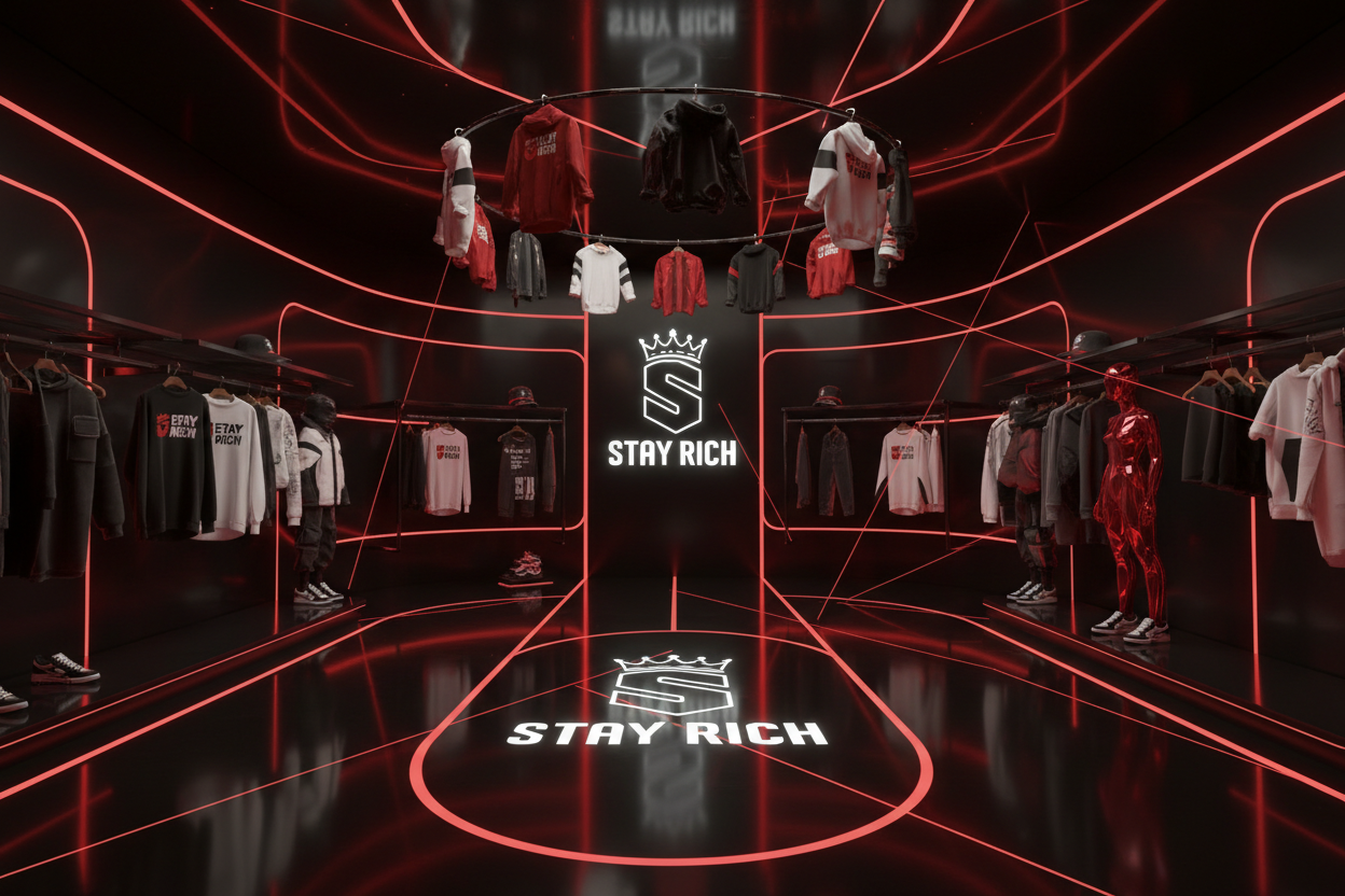 3d Red and black stay Rich clothing store animated